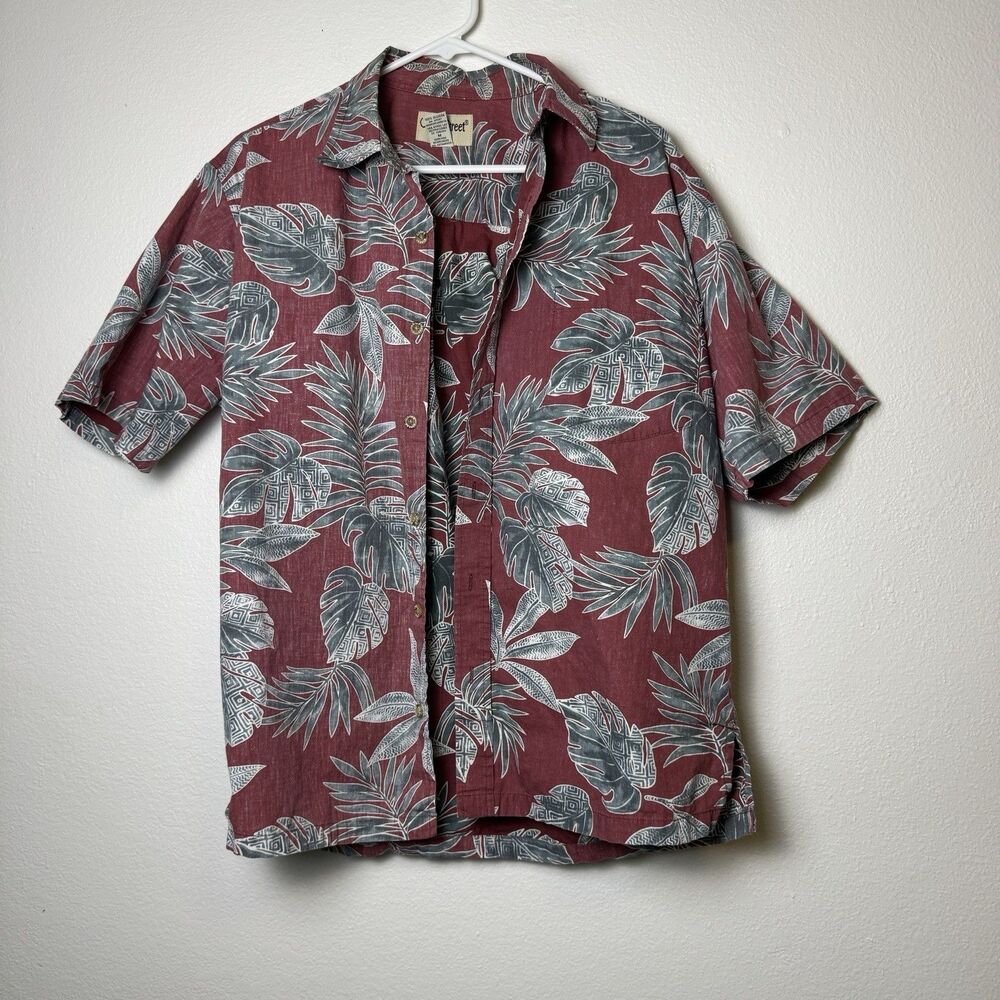 Cooke Street Hawaiian Shirt Men M Reverse Print Red Gray Leaf Cotton